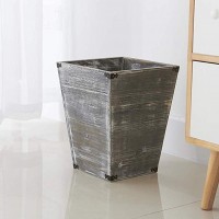 Gray Farmhouse Style Torched Wood Square Waste Bin with Decorative Metal Brackets Trash Can for Bedroom