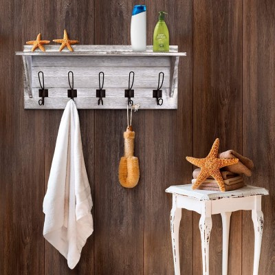 White Wall Mounted Coat Rack Shelf with 5 Rustic Hooks