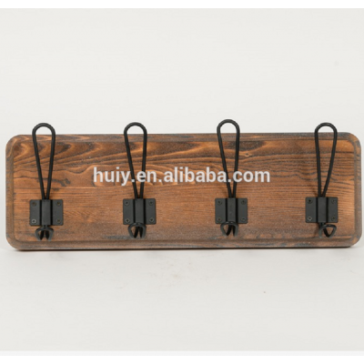 Factory custom rustic wooden wall mounted coat rack decorative coat hanger with black hooks