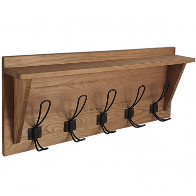 Custom Wall Mounted Wooden Rustic Coat Hanger Coat Rack Shelf with Metal Hooks