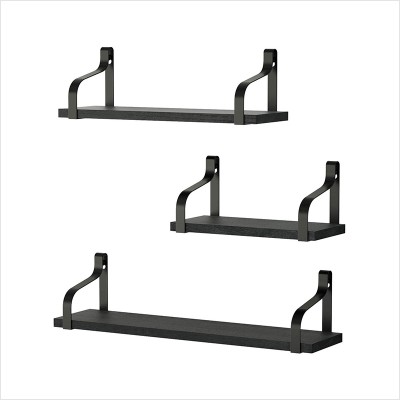 Set of 3 Rustic Wood Organizer Wall Mounted Floating Shelves with Iron Brackets