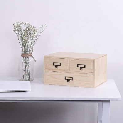 Natural pine wood office storage cabinet jewelry box organizer with 3 drawers