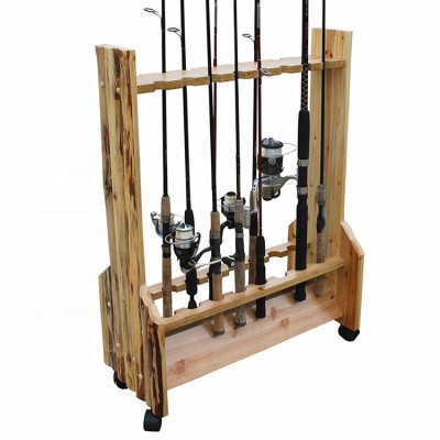 Custom wooden fishing rod storage display holder rack stand with mobile wheel