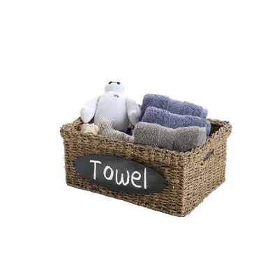 home bath woven wicker seagrass storage basket with handles and chalkboard label